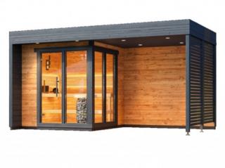 Venkovní sauna Cubic S plus 2,4x4,7m, terasa, 40 mm, thermowood Sauna: Montáž na místě u klienta včetně dopravy