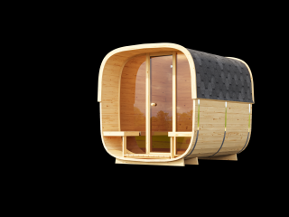 Venkovní sauna Nelio 2,5x2,1 m, 42 mm, 1 místnost, prosklená, terasa, smrk Sauna: Montáž na místě u klienta včetně dopravy