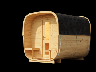 Venkovní sauna Nelio Standard 2,8x2,2 m, 42 mm, 1 místnost, terasa, smrk Sauna: Smontovaná v naší dílně bez dopravy