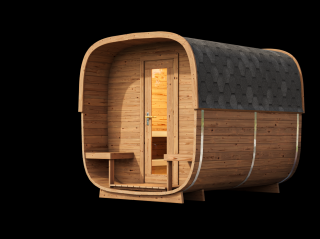 Venkovní sauna Nelio Standard 2,8x2,2 m, 42 mm, 1 místnost, terasa, thermowood Sauna: Montáž na místě u klienta včetně dopravy