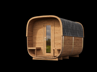 Venkovní sauna Nelio Standard 3,3x2,2 m, 42 mm, 2 místnosti, terasa, thermowood Sauna: Smontovaná v naší dílně bez dopravy