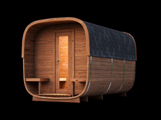 Venkovní sauna Nelio Standard 3,9x2,2 m, 42 mm, 2 místnosti, terasa, thermowood Sauna: Smontovaná v naší dílně bez dopravy