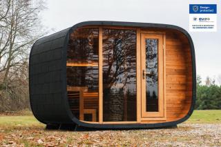 Venkovní sauna Round Cube Double 3,1x2,4m, 2 místnosti, thermowood Sauna: Smontovaná v naší dílně bez dopravy