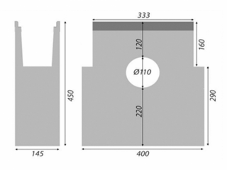 Betonová vpusť B125 s litinovou mříží Rozměr: 333 x 145 x 450 mm, Typ: pro žlaby 145 x 160 mm