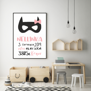 Plakát - Dětský s údaji o narození - batman holka L (40x50cm) bez rámečku