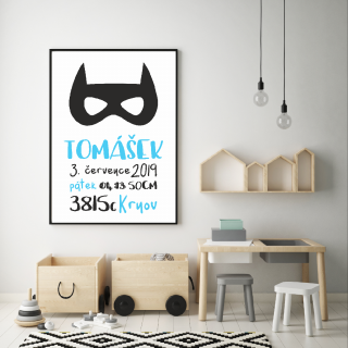 Plakát - Dětský s údaji o narození - batman kluk S (A4 21x29,7cm) bez rámečku