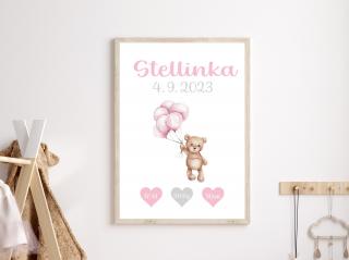 Plakát - Dětský s údaji o narození - Méďa - růžová S (A4 21x29,7cm) s rámečkem