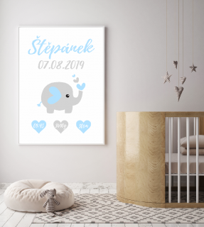 Plakát - Dětský s údaji o narození - slon chlapeček M (30x40cm) s rámečkem