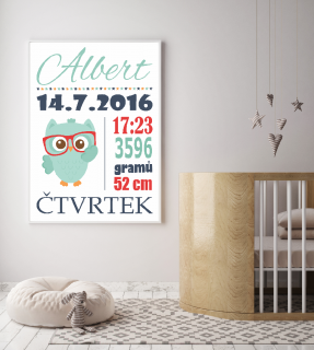 Plakát - Dětský s údaji o narození - sovička kluk L (40x50cm) bez rámečku