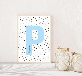 Plakát - Polka dot modrá - se jménem M (30x40cm) bez rámečku