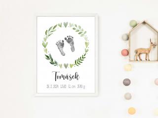 Plakát - s údaji o narození GREENIE S (A4 21x29,7cm) s rámečkem