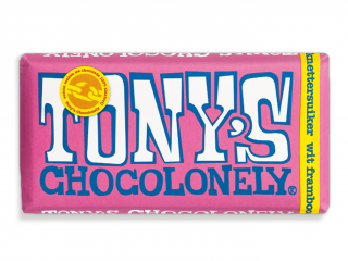 Tony’s Chocolonely – bílá čokoláda, maliny a praskající cukr, 180 gramů