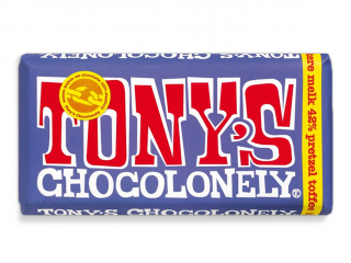 Tony’s Chocolonely – mléčná tmavá čokoláda, preclíky a karamel, 180 gramů
