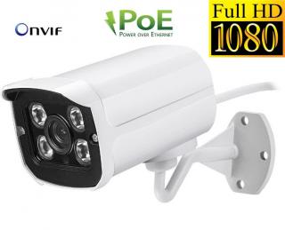 1080P FullHD 2.0Mpx Bezpečnostní Venkovní IP kamera RJ-45 ONVIF bílá PoE 802.3af (Kompaktní kovová venkovní IP kamera s výkonným nočním viděním a vysokým rozlišením 1080P, aktivní PoE napájení 48V 802.3af)