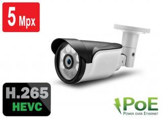 5.0Mpx H.265 Bezpečnostní venkovní kovová IP kamera RJ-45 ONVIF PoE 802.3af (Kompaktní kovová venkovní IP kamera s výkonným nočním viděním a ultra vysokým rozlišením 5.0Mpx (2592x1944) s podporou moderního kodeku H.265, aktivní PoE napájení 48V 802.3af)
