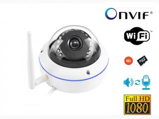 Bezpečnostní Wi-Fi Venkovní IP kamera DOME FullHD 1080P ONVIF slot na SD kartu AUDIO (Bezdrátová Wi-Fi odolná kovová venkovní IP kamera typu DOME s výkonným nočním viděním, rozlišením FullHD 1080P a slotem na MicroSD paměťové karty pro nahrávání záznamu)