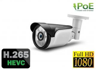 Venkovní IP kamera H.265 PoE 802.3af FullHD 1080P Noční vidění RJ-45 ONVIF (Kompaktní kovová venkovní IP kamera s výkonným nočním viděním a vysokým rozlišením FullHD 1080P s podporou moderního kodeku H.265 a aktivním PoE 802.3af napájením 48V.)