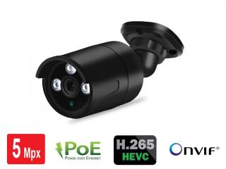 Venkovní IP kamera H.265 PoE 802.3af UltraHD 5Mpx Noční vidění RJ-45 ONVIF (Kompaktní kovová venkovní IP kamera s výkonným nočním viděním a vysokým rozlišením UltraHD 5MPx s podporou moderního kodeku H.265 a aktivním PoE 802.3af napájením 48V.)