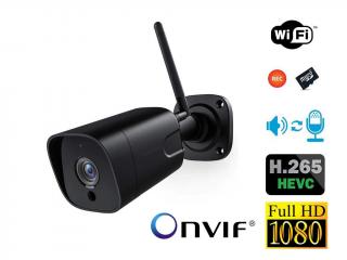 Venkovní Wi-Fi IP kamera s přenosem zvuku FullHD 2.0Mpx H.265 ONVIF slot na SD karty pro záznam AUDIO (Bezdrátová venkovní IP kamera s nočním viděním,  plným rozlišením FullHD (2.0Mpx) a slotem na MicroSD paměťové karty pro nahrávání záznamu. S podporou)