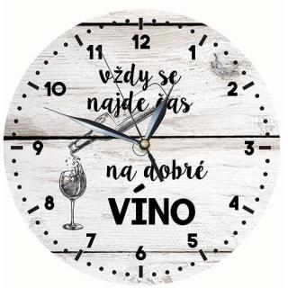 Dřevěné hodiny 24 cm - čas na víno (Dřevěné hodiny s potiskem, průměr 24 cm)