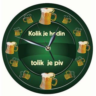 Dřevěné hodiny 24 cm - kolik hodin tolik piv (Dřevěné hodiny s potiskem, průměr 24 cm)