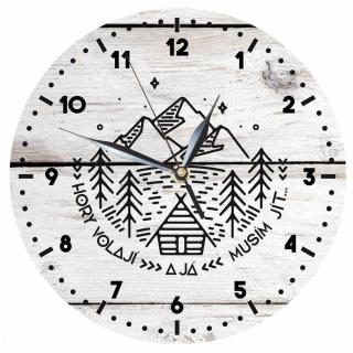 Dřevěné hodiny 24 cm pro cestovatele – hory volají (Dřevěné hodiny s potiskem, průměr 24 cm)