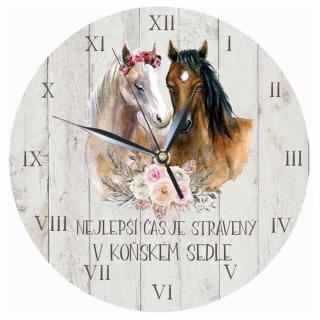 Dřevěné hodiny 24 cm pro milovníky koní (Dřevěné hodiny s potiskem, průměr 24 cm)