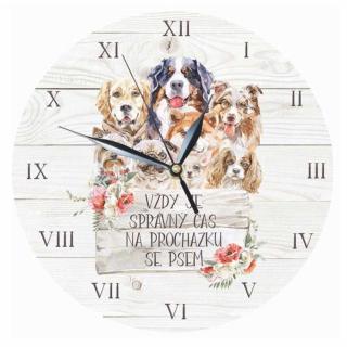 Dřevěné hodiny 24 cm pro milovníky psů (Dřevěné hodiny s potiskem, průměr 24 cm)