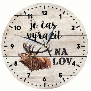 Dřevěné hodiny 24 cm pro myslivce - čas na lov (Dřevěné hodiny s potiskem, průměr 24 cm)