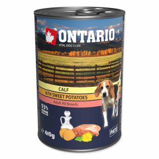 Konzerva ONTARIO Dog Mini Calf, Sweetpotato, Dandelion and Linseed Oil 400g (ke třem konzervám víčko S/M zdarma)