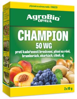 AGRO Champion 50 WG 2x10g  (Kontaktní fungicidní a baktericidní přípravek ve formě dispergovatelného prášku šedozelené barvy k ochraně rostlin proti houbovým a bakteriálním chorobám a ochraně květů proti mrazu.)