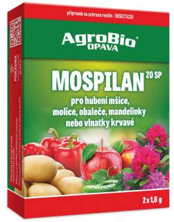 AGRO Mospilan 20 SP 2x1,8g (Systémově účinný insekticid ve formě ve vodě rozpustného prášku určený k hubení širokého spektra živočišných škůdců v ochraně rostlin, zejména mandelinky bramborové v bramborách, mšic včetně vlnatky krvavé a obaleče jablečného 