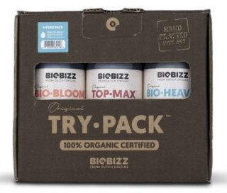 BioBizz Try pack Hydro, sada hnojiv (BioBizz Hydro TryPack je skvělá volba pro začátečníky. Obsahuje 250 ml Bio-Bloom, 250 ml Bio-Heaven,  250 ml TopMax.)
