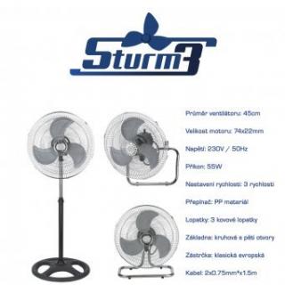 Cirkulační ventilátor STURM3v1, průměr 45cm (Multifunkční cirkulační ventilátor Sturm3 je stojanový, nástěnný nebo podlahový ventilátor v jednom. Tři možnosti, tři rychlosti, příkon 55W, průměr 45 cm.)