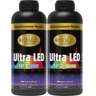 Gold Label Ultra LED no.1(GROW) + no.2(BLOOM) 10L (LED Grow a Bloom je vysoce koncentrovaná směs se speciálním složením. Vhodné pro kultivaci s vysokou hodnotou EC v zálivce.  Základní set pro pěstování pod LED světly.)