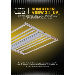 SunPro SUNFATHER 465W -3.1 UV, pěstební LED osvětlení (LED SUNFATHER 465W je nejnovější LED osvětlení s možností upravy světelného spektra a přidanou UV trubicí od značky SunPro se světelným tokem PPF až 1442 µmol/s a účinnosti svítidla až 3,1 µmol/J!)