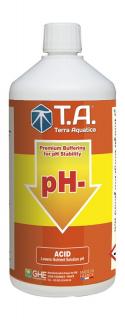 T.A. pH down 1L (pH down obsahuje přesné složení prvků, reguluje a dodává živiny, přičemž zároveň tlumí živný roztok. S vyváženou směsí kyselin obsahuje pufry, které stabilizují pH a pomáhají řídit obsah kalcia u tvrdých vod.)