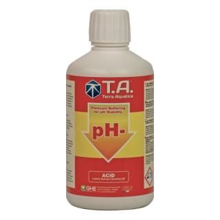 T.A. pH down 500ml (pH down obsahuje přesné složení prvků, reguluje a dodává živiny, přičemž zároveň tlumí živný roztok. S vyváženou směsí kyselin obsahuje pufry, které stabilizují pH a pomáhají řídit obsah kalcia u tvrdých vod.)