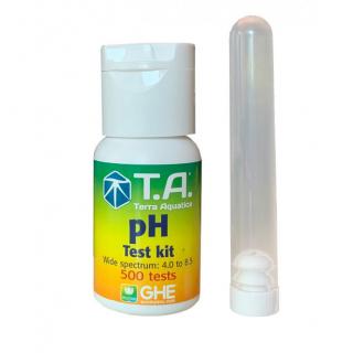 T.A. pH test kit 30ml (Velmi spolehlivý, jednoduchý na používání a levný. Testovací nádobku stačí do poloviny naplnit živným roztokem, přidejte 2 - 3 kapky pH testovacího ukazatele, protřepejte a pozorujte a porovnejte výsledné zbarvení.)