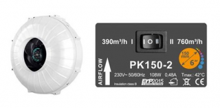 Ventilátor Prima Klima PK150-2 150mm, 390/760m³/h, 2-rychlostní ventilátor (2-rychlostní nastavitelný ventilátor pro 150 mm potrubí, 390/760 m3/h)