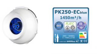 Ventilátor Prima Klima PK250-ECblue 250mm, 1450 m³/h, ventilátor s EC motorem a regulací výkonu (Ventilátor Prima Klima 250mm, 1450 m³/h - EC regulace Příruba: 250mm Max.průtok vzduchu: 1450m³/h Výkon: 0-170W AC Input: 230V 50/60Hz 0.74A Max teplota: 42°C