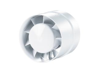 VKO 125mm - axiální ventilátor  (Plastové in-line axiální ventilátory – kryt z ABS plastu, různý průměr na každé straně. Vhodné zejména do menších prostor. Možné použít jak pro přívod, tak pro odvod vzduchu. Příkon: 20W. Pozor! Součástí ventilátoru není)