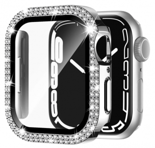 Glitter diamond glass kryt s ochranným sklem pro Apple Watch 8/7 (45 mm) Barva: Stříbrná
