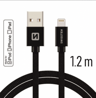MFI licencovaný datový lightning kabel Swissten textile černý 1.2m / 2.0m Délka: 1,2m