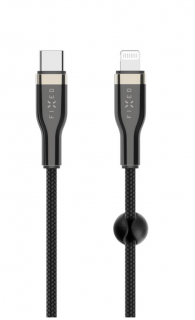 Nabíjecí a datový opletený kabel FIXED s konektory USB-C/Lightning a podporou PD, 1.2 m, MFI, černý