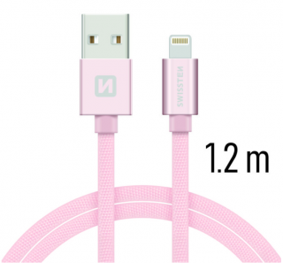 Nabíjecí a synchronizační kabel Swissten textile 0.2m / 1.2m / 2.0m růžový Délka: 1,2m