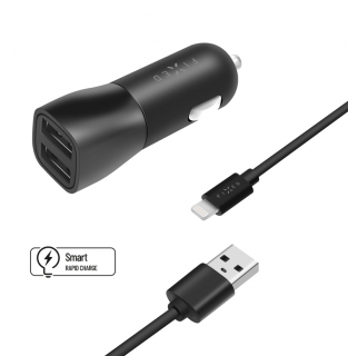 Set autonabíječky FIXED s 2xUSB výstupem a USB/Lightning kabelu, 1 metr, MFI certifikace, 15W Smart Rapid Charge, černá