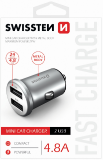 Swissten CL adaptér do auta 2x USB 4,8A metal stříbrný