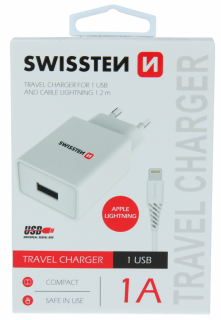 Swissten síťový adaptér Smart IC 1x USB + kabel lightning 1,2m bílý