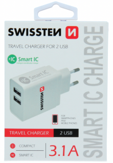 Swissten síťový adaptér Smart IC 2x USB 3,1A Power bílý
